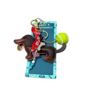 Piper K Dachshund Dog Charm Key Chain Rhinestone Bone Tennis Ball Red Bandana